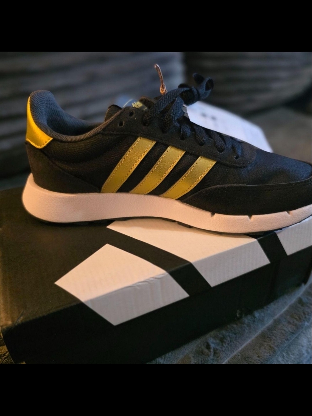 Women’s Black Adidas Sneakers with Gold Stripes BRAND NEW WITH TAGS